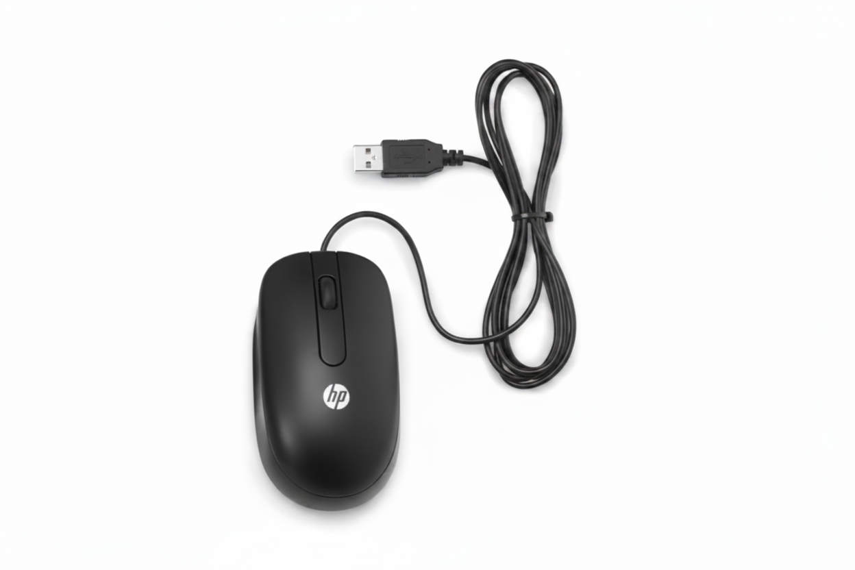 HP wired USB mouse with a USB connector and a black plastic body.