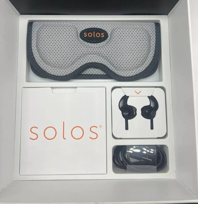 Set of eye mask, earbuds, and case with 'solos' branding in a box.